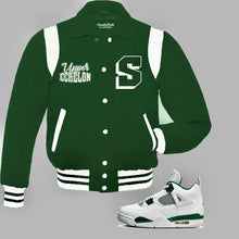 Load image into Gallery viewer, Upper Echelon Vintage Varsity Jacket to match the Retro Jordan 4 Oxidized Green