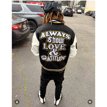 Load image into Gallery viewer, Always Show Love and Gratitude Varsity Jacket to match Retro Jordan 12 Taxi sneakers