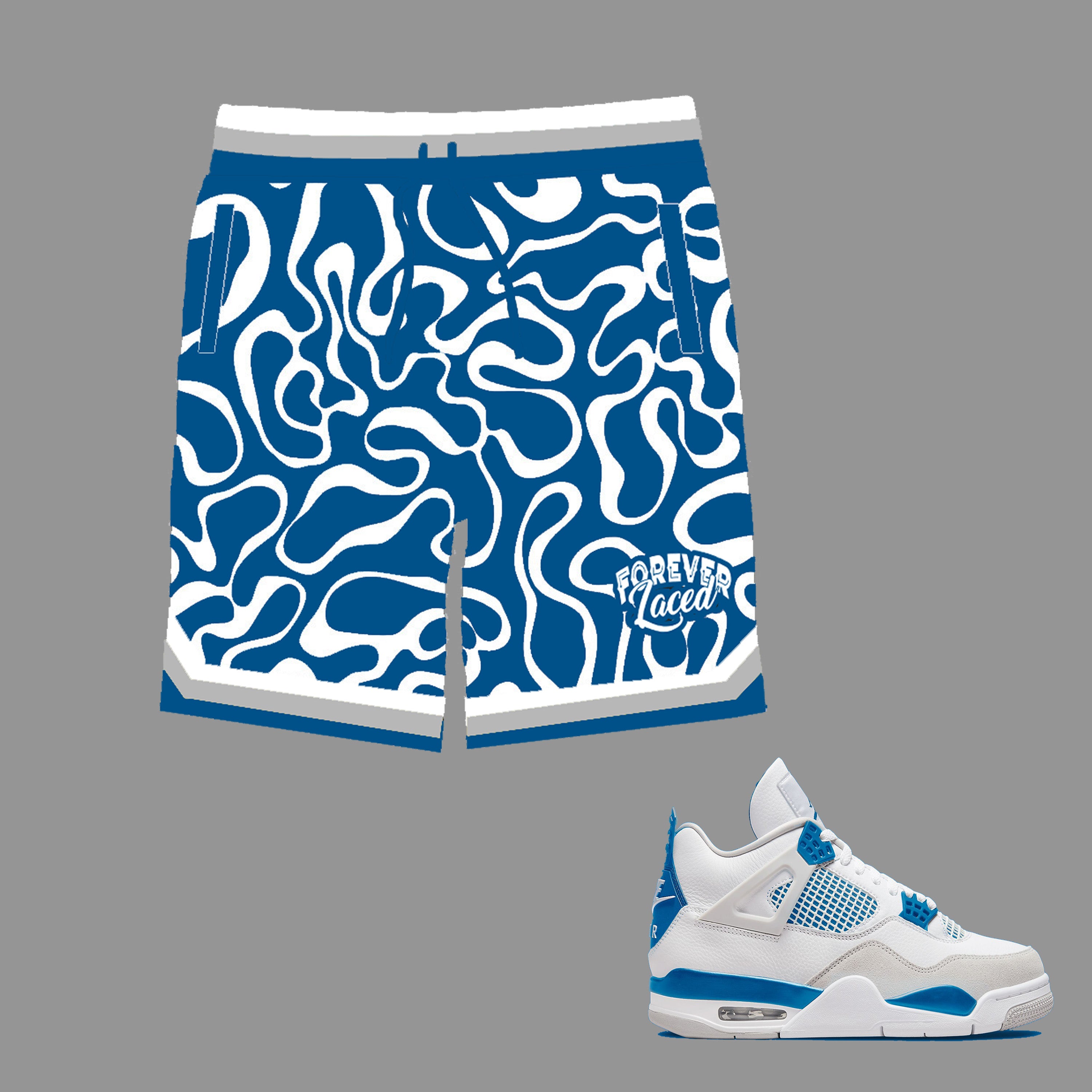 Forever Laced Shorts to match Retro Jordan 4 Military Blue sneakers