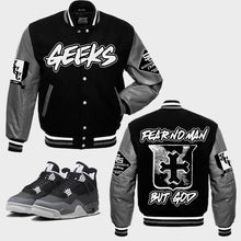 Load image into Gallery viewer, FEAR NO MAN Varsity Jacket to match Retro Jordan 4 Fear sneakers