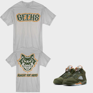 Hunger For More T-Shirt to match Retro Jordan 5 Olive sneakers