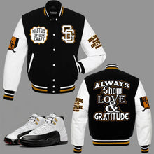 Load image into Gallery viewer, Always Show Love and Gratitude Varsity Jacket to match Retro Jordan 12 Taxi sneakers