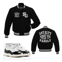 Load image into Gallery viewer, Loyalty Makes You Family Youth Varsity Jacket to match Retro Jordan 11 Gratitude sneakers