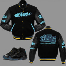 Load image into Gallery viewer, GEEKS Varsity Jacket to match the Retro Jordan 11 Gamma Blue sneakers