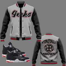 Load image into Gallery viewer, Internationally Known Varsity Jacket to match Retro Jordan 4 Bred Reimagined sneakers