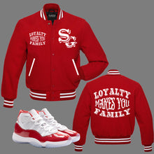 Load image into Gallery viewer, Loyalty Makes You Family Youth Varsity Jacket to match Retro Jordan 11 Cherry