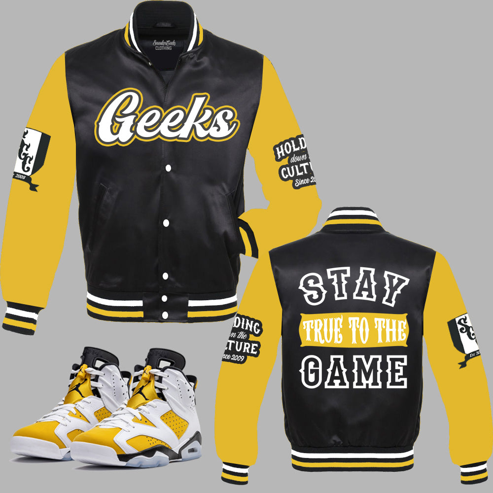 Stay True To The Game Satin Jacket to match Retro Jordan 6 Yellow Ochre sneakers