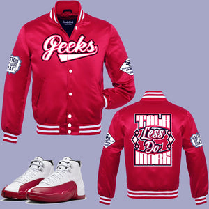 Talk Less Do More Satin Jacket to match Retro Jordan 12 Cherry sneakers