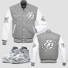 Load image into Gallery viewer, Leaders Of The New Cool Youth Varsity Jacket to match Retro Jordan 6 Cool Grey