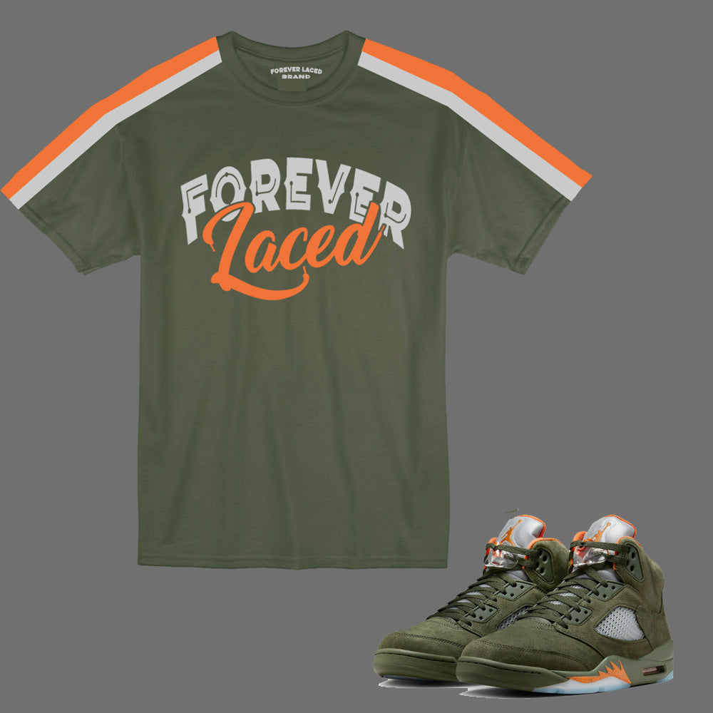 Forever Laced TShirt to match Retro Jordan 5 Olive sneakers SGC