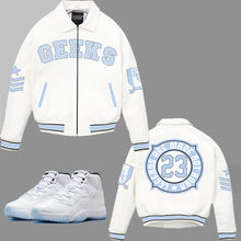 Load image into Gallery viewer, Legends Are Made Leather Bomber Jacket to match Retro Jordan 11 Legend Blue sneakers