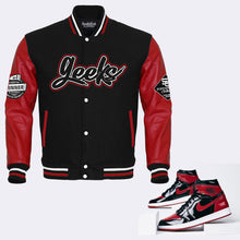 Load image into Gallery viewer, GEEKS Youth Varsity Jacket to match Retro Jordan 1 OG Bred Patent