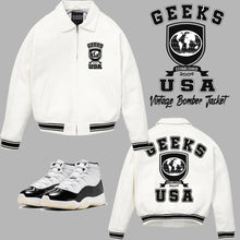 Load image into Gallery viewer, GEEKS USA Vintage Leather Bomber Jacket to match Retro Jordan 11 Gratitude aka DMP sneakers