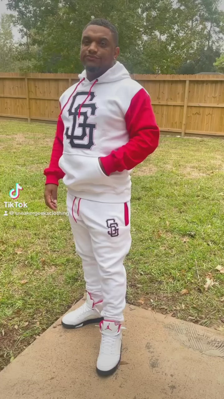 SG Giants Sweatsuit to match Retro Jordan 4 Red Cement sneakers