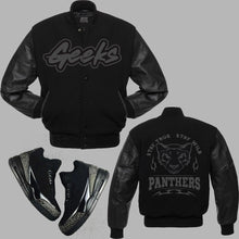 Load image into Gallery viewer, Stay True Stay Wild Varsity Jacket to match Retro Jordan 3 Black Cat sneakers