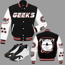 Load image into Gallery viewer, Flight Club Legend Varsity Jacket to match Retro Jordan 14 Black Toe sneakers