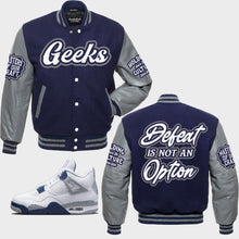 Load image into Gallery viewer, Defeat Is Not An Option Varsity Jacket to match Retro Jordan 4 Midnight Navy