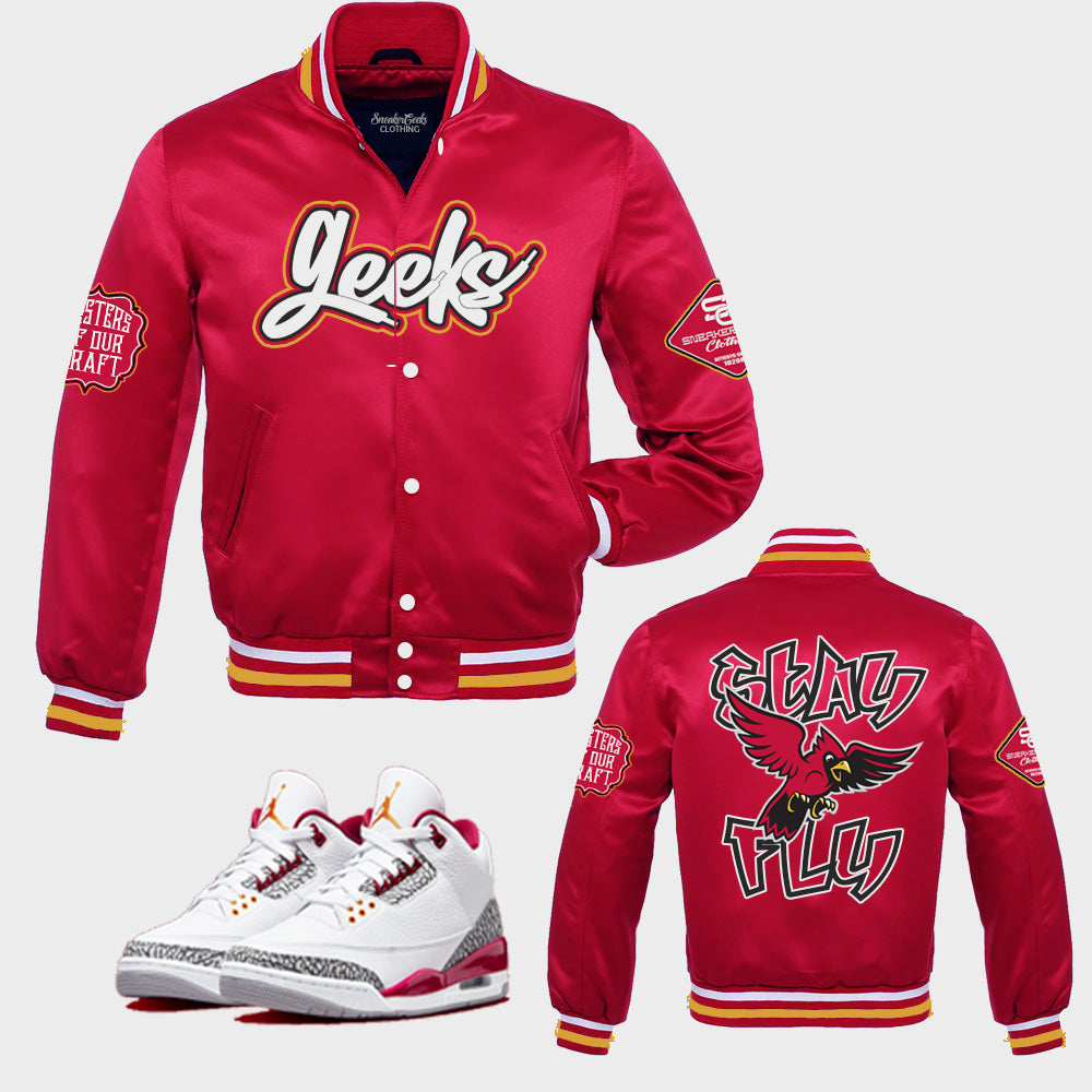 STAY FLY Satin Jacket to match the Retro Jordan 3 Cardinal Red - In Stock