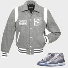 Load image into Gallery viewer, Upper Echelon Vintage Varsity Jacket to match Jordan 11 Cool Grey
