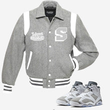 Load image into Gallery viewer, Upper Echelon Vintage Varsity Jacket to match the Retro Jordan 6 Cool Grey