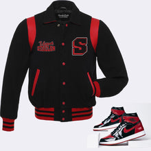 Load image into Gallery viewer, Upper Echelon Vintage Varsity Jacket to match Retro Jordan 1 OG Bred