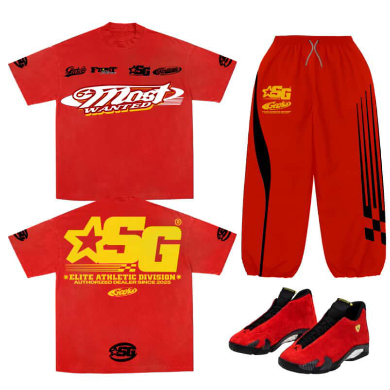 SG Most Wanted Outfit to match Retro Jordan 14 Ferrari sneakers