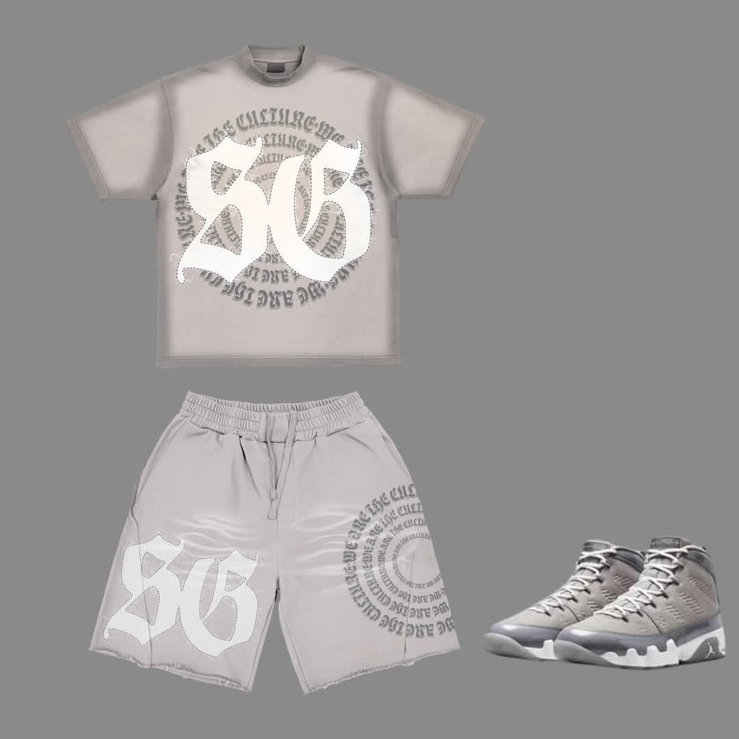 We Are The Culture Sun Faded Short Set to match Retro Jordan 9 Cool Grey sneakers