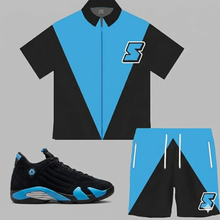 Load image into Gallery viewer, Super S Windbreaker Short Set to match the Retro Jordan 14 University Blue sneakers
