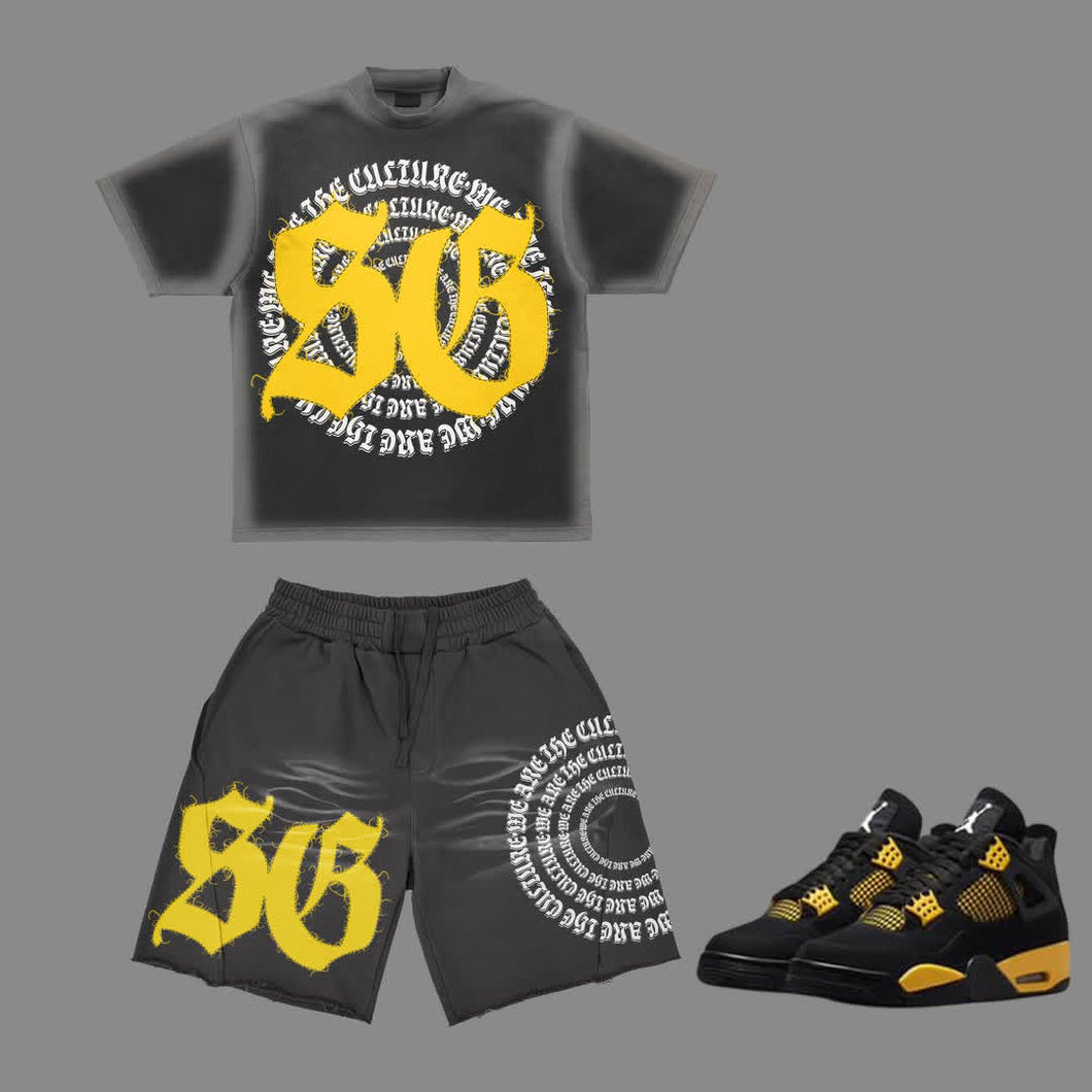 We Are The Culture Sun Faded Short Set to match Retro Jordan 4 Thunder sneakers