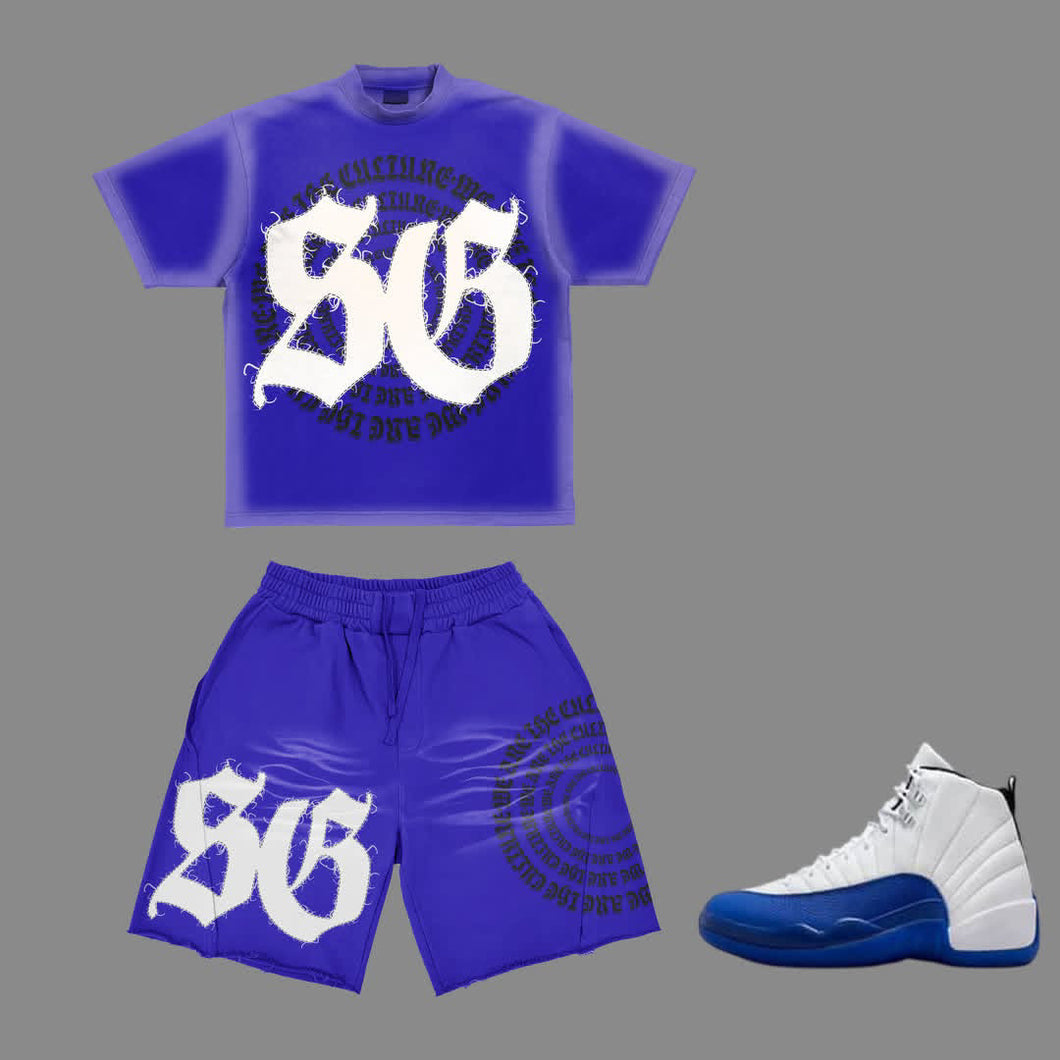 We Are The Culture Sun Faded Short Set to match Retro Jordan 12 Blueberry sneakers