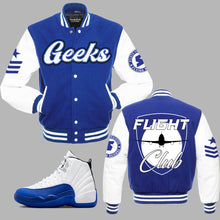 Load image into Gallery viewer, GEEKS Flight Club Varsity Jacket to match Retro Jordan 12 Blueberry sneakers
