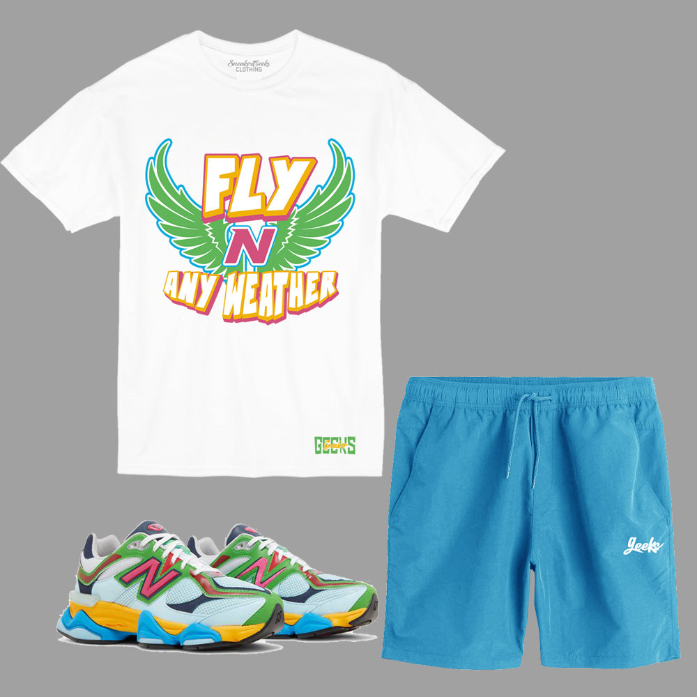 Fly N Any Weather Short Set to match New Balance 9060 Beach Glass sneakers