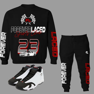 Forever Laced Sports Club Crewneck Sweatsuit to match Retro Jordan 14 Black Toe sneakers