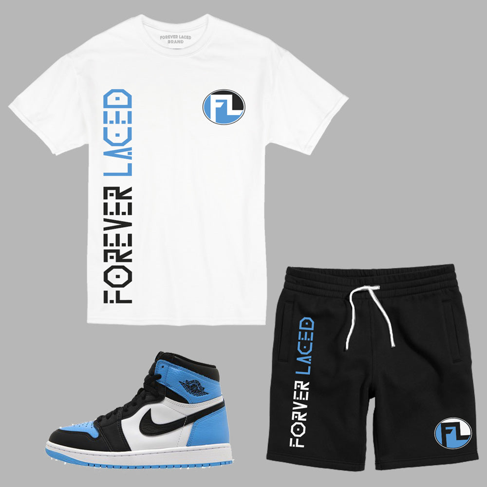 Forever Laced FL 1 Short Set to match the Retro Jordan 1 OG UNC Toe sneakers