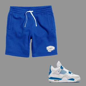 Forever Laced Shorts to match Retro Jordan 4 Military Blue sneakers