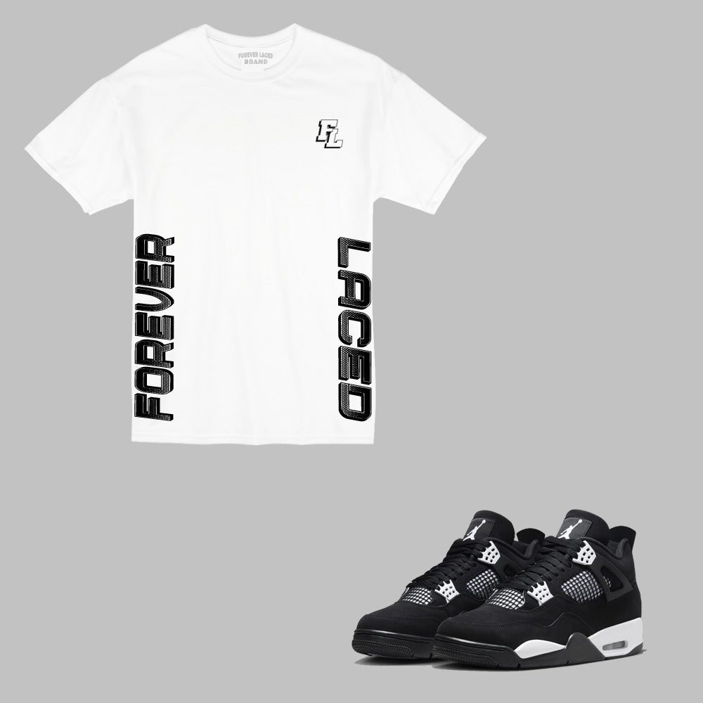 Forever Laced FL T-Shirt to match Retro Jordan 4 White Thunder sneakers