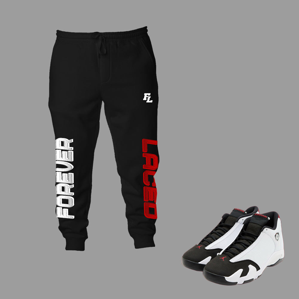 Forever Laced FL Sweatpants to match Retro Jordan 14 Black Toe sneakers