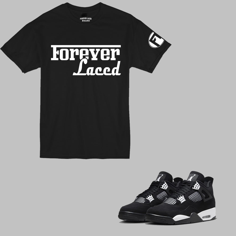 Forever Laced Racer T-Shirt to match Retro Jordan 4 White Thunder sneakers