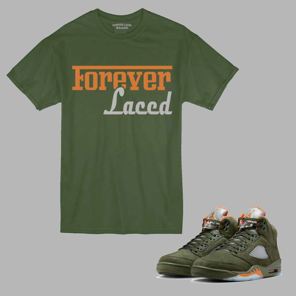 Forever Laced Racer T-Shirt to match Retro Jordan 5 Olive sneakers