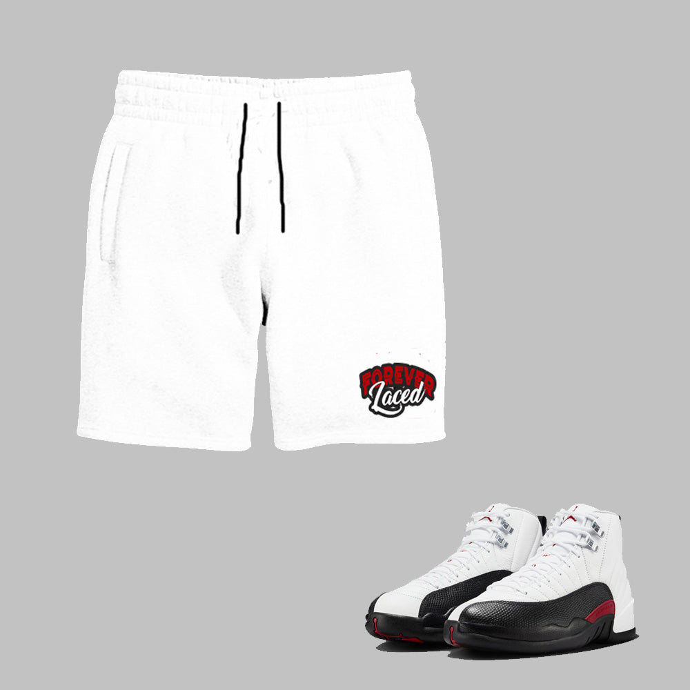 Forever Laced Fleece Shorts to match Retro Jordan 12 Taxi Flip sneakers