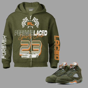 Forever Laced Sports Club Zipped Hoodie to match Retro Jordan 13 Olive sneakers