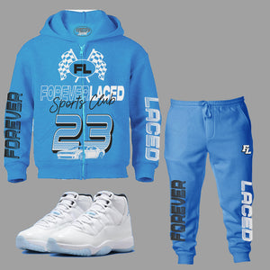 Forever Laced Sports Club Sweatsuit to match Retro Jordan 11 Legend Blue sneakers