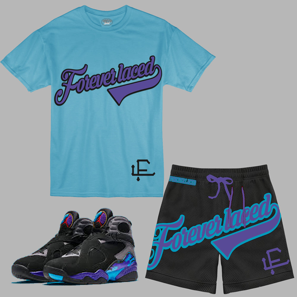 Forever Laced FL Stadium Short Set to match the Retro Jordan 8 Aqua sneakers