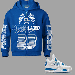 Forever Laced Sports Club Zipped Hoodie to match Retro Jordan 4 Military Blue sneakers