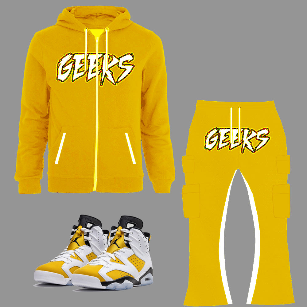 GEEKS Zipped Hooded Stacked Sweatsuit to match Retro Jordan 6 Yellow Ochre sneakers