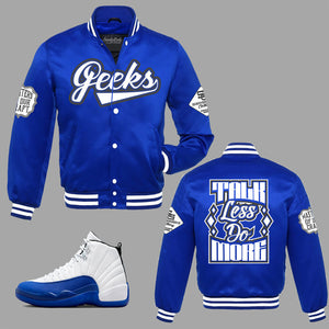 Talk Less Do More Satin Jacket to match Retro Jordan 12 Blueberry sneakers