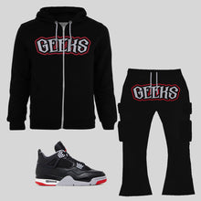 Load image into Gallery viewer, GEEKS Zipped Hooded Stacked Sweatsuit to match Retro Jordan 4 Bred Reimagined
