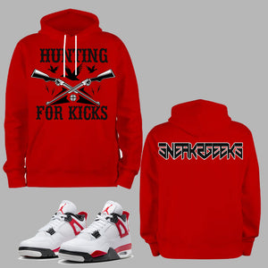 Hunting For Kicks Hoodie to match Retro Jordan 4 Red Cement sneakers