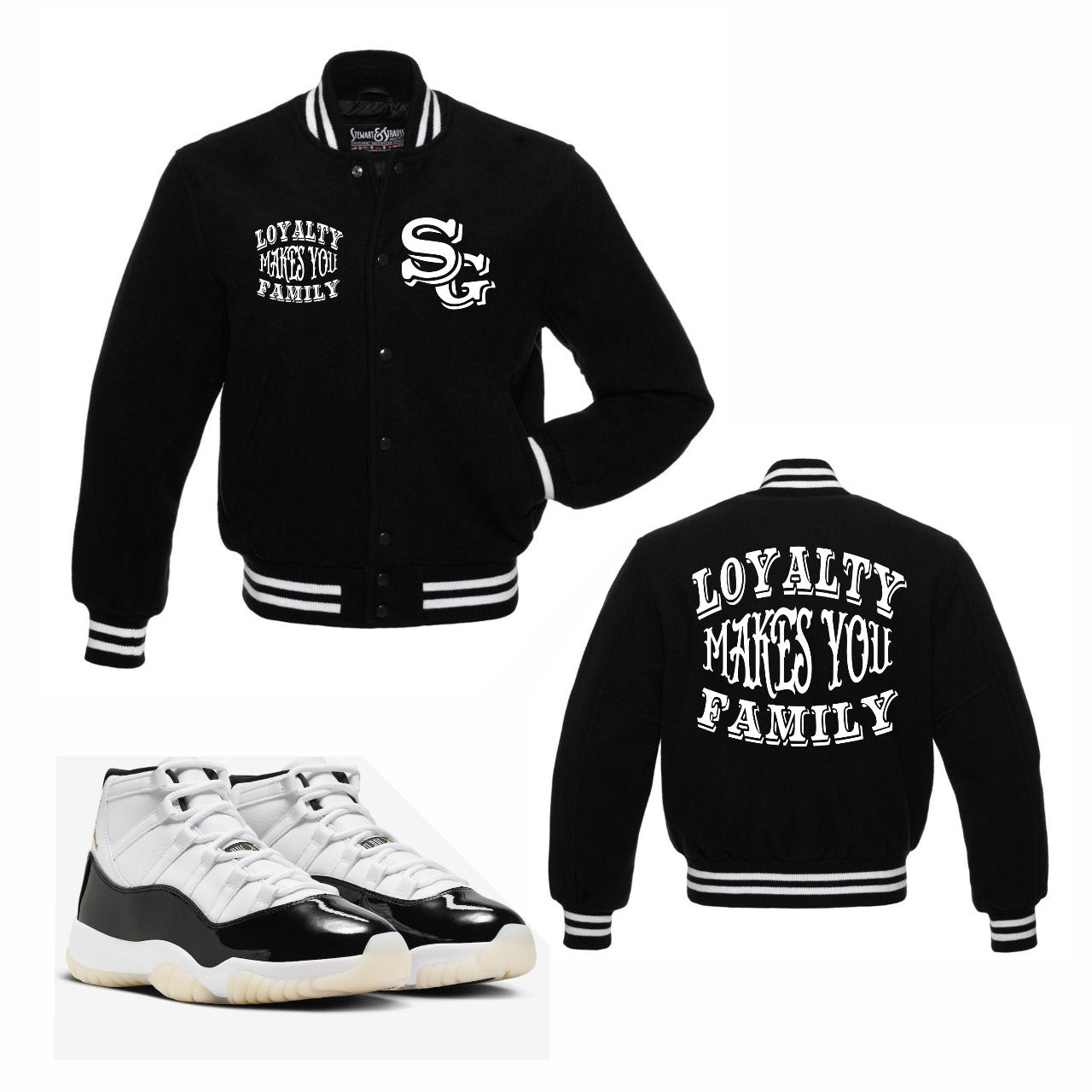Loyalty Makes You Family Varsity Jacket to match Retro Jordan 11 Gratitude sneakers