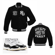 Load image into Gallery viewer, Loyalty Makes You Family Varsity Jacket to match Retro Jordan 11 Gratitude sneakers
